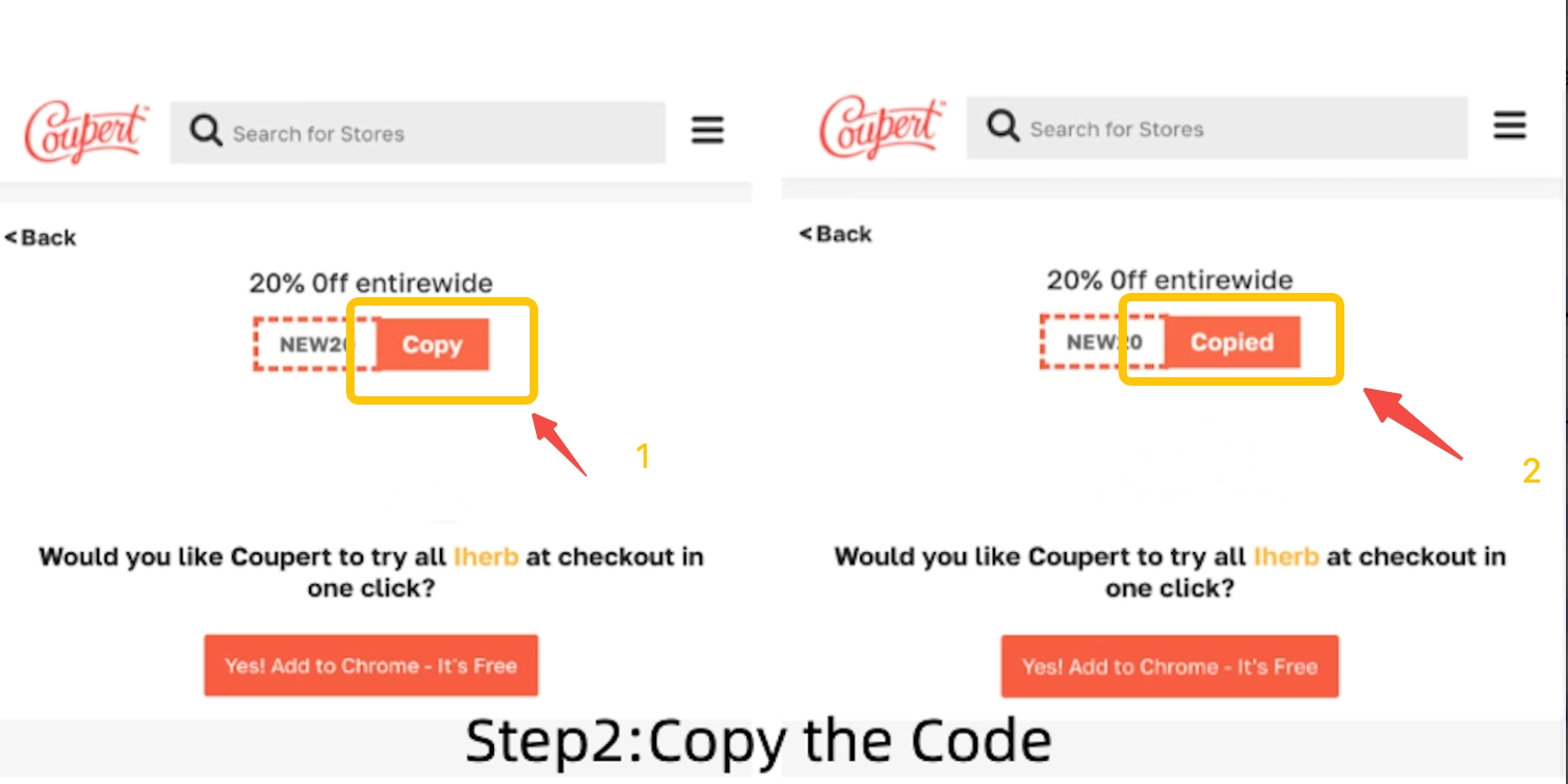 2.Click "copy" button, "Copied" meaning coupon has been copied;